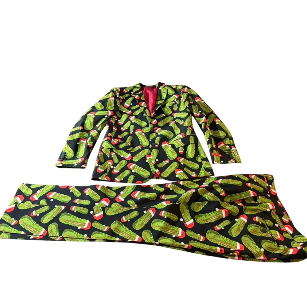 Shinesty Mens Christmas Pickle Santa Hat Suit Set Black Green Red 2pc Holiday